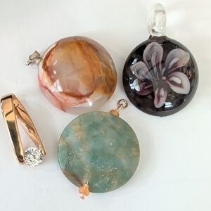 Multi-Stone Round Pendant Necklace - Green, Amber & Black Options